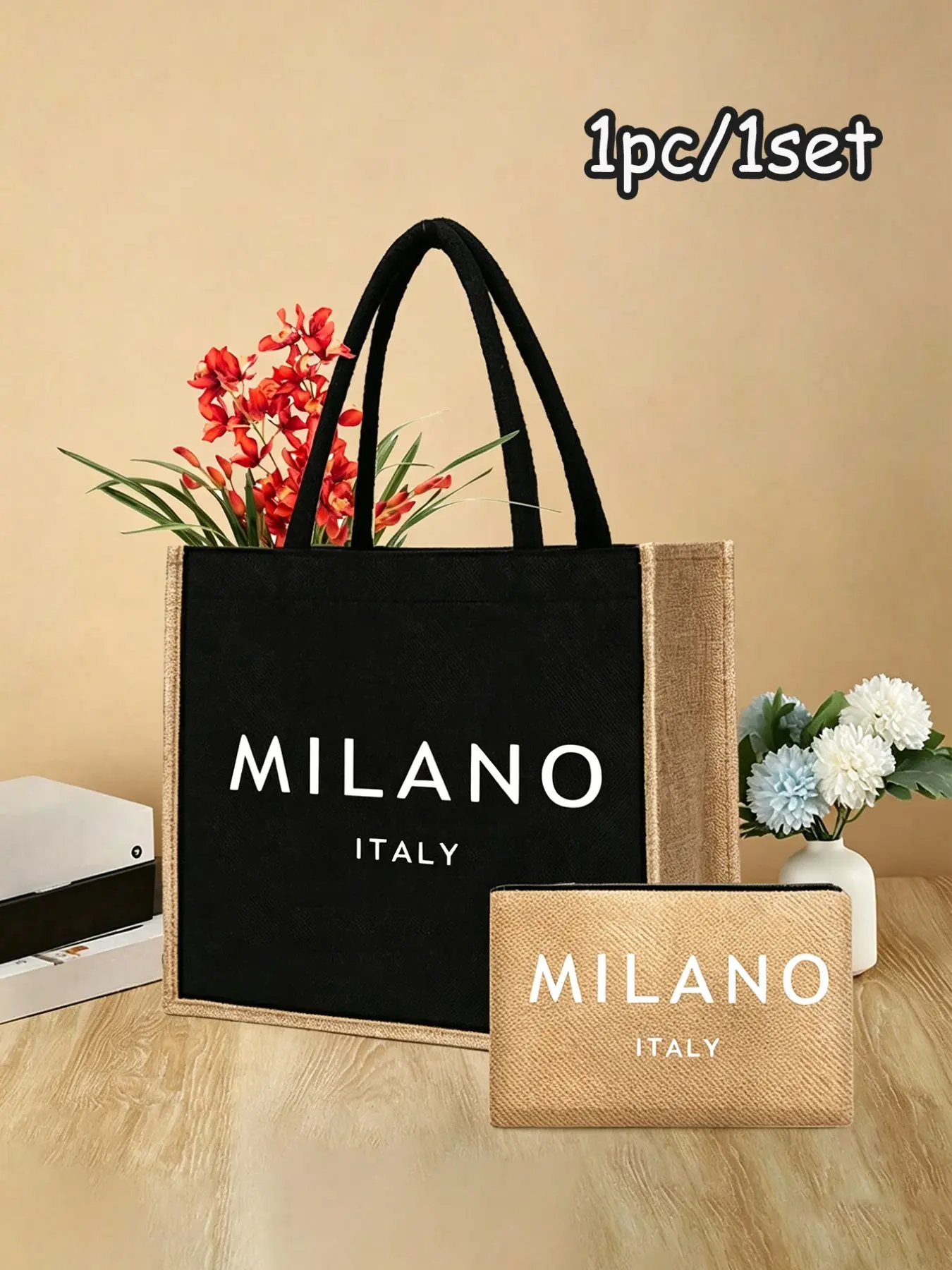 Milano Italy Letter Print Jute Tote Bag, Fashion Vintage Linen Shoulder Handbag, Reusable Large Capacity Shopping Bag for Women