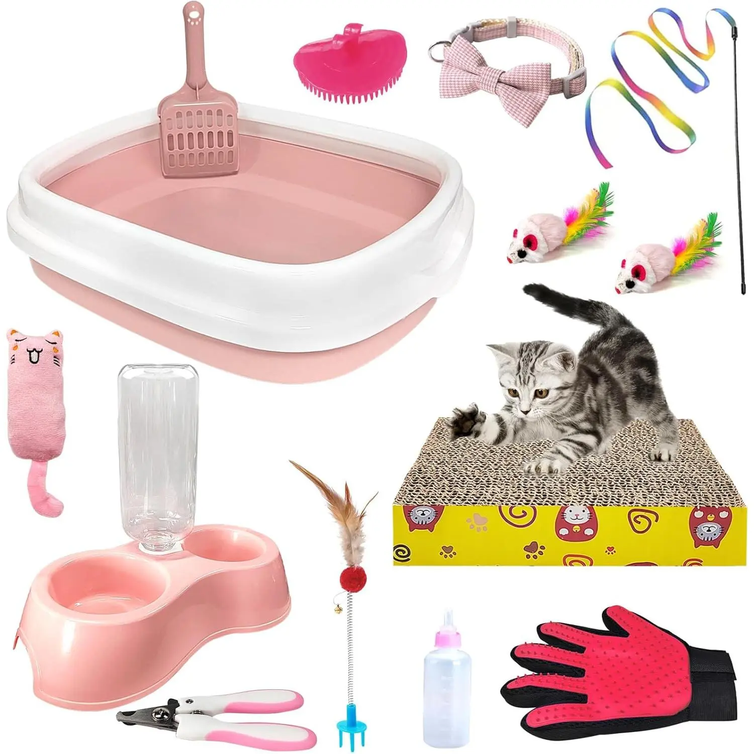 Kitten Starter Kit, 15-Piece Cat Essentials Set Includes Litter Box, Toys, Collars, Scratch Pad, Nail File, Automatic Feed Bowls, Grooming Gloves (Pink)