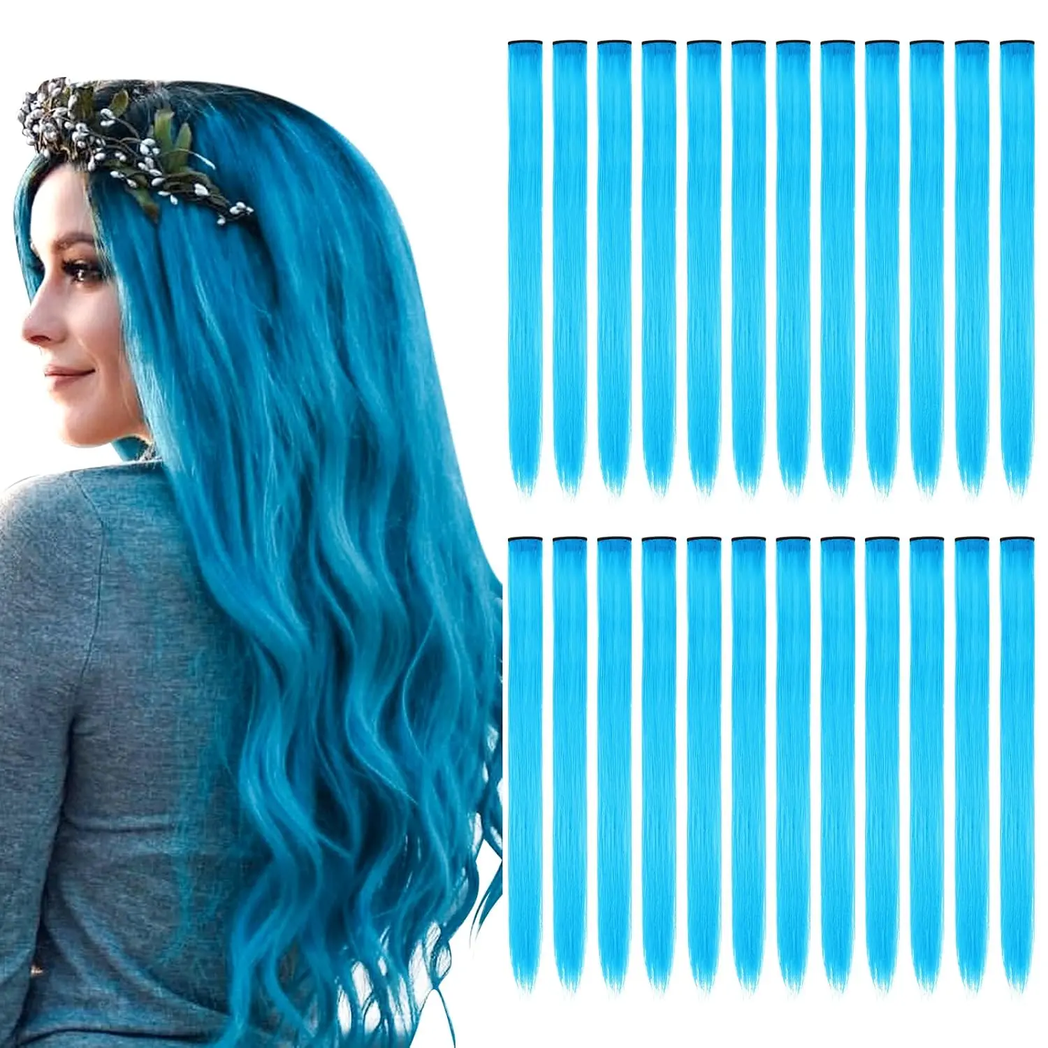 24 count Green Accessories Colored Clip in Hair Extensions for Girls 20Inch Rainbow Straight Synthetic Hairpieces for Girls Party Highlights Colorful Hair Halloween Gifts for Women Easter Gifts