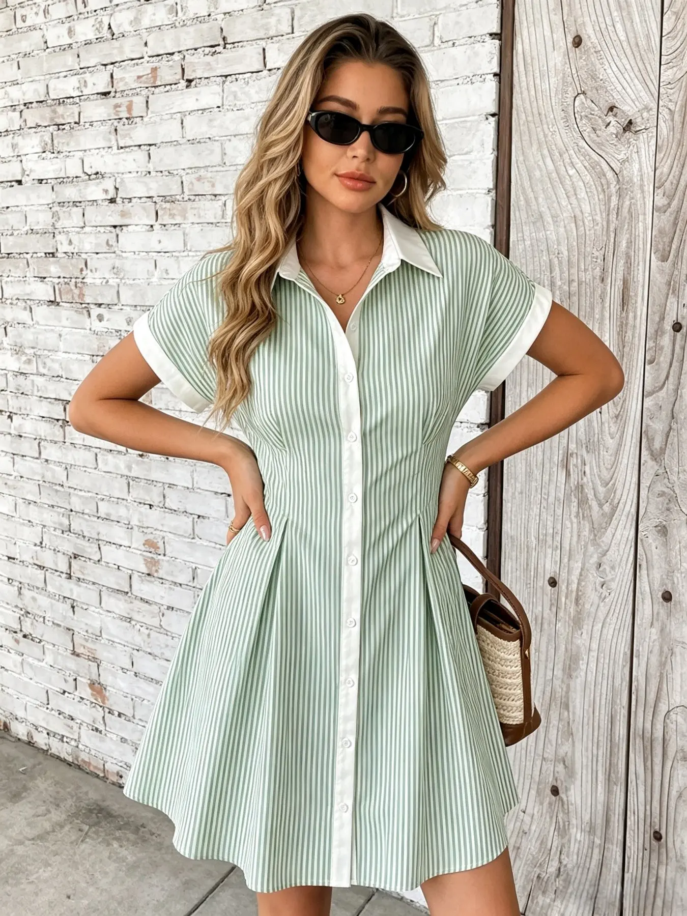 Blue White Striped Shirt Mini Dress Lapel Short Sleeve Button Down Waist Fit Casual Summer Dress, Casual Beach Sundress, Women A Line Holiday Sundress Collared Button Front Waist Cinch Daily Office