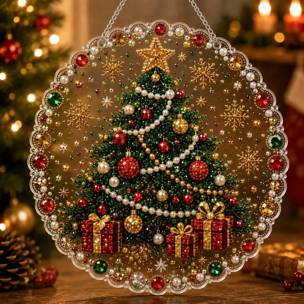 Christmas Pearl Art Kit for Adults, DIY Pearl Diamond Painting Suncatcher with 3D Mixed-Size Beads，Christmas Decorations, Ornament and Gifts, Gift Ideas