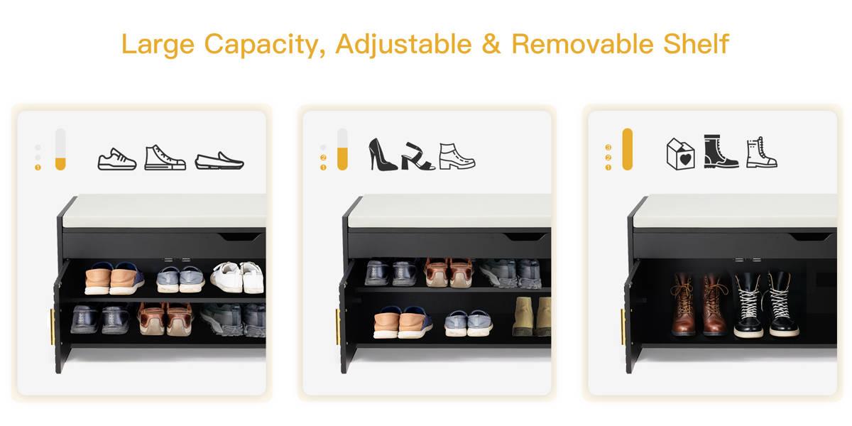 Entryway Storage Bench, Shoe Storage Bench with Cushioned Seat & Hidden Compartments, Shoe Cabinet Bench for Bedroom, Hallway, and Compact Spaces, Light Gray/Black