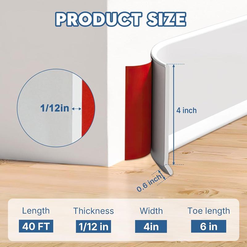 White Wall Molding Trim, 4 Inch x 40 FT Vinyl Baseboard Trim - Peel and Stick Self-Adhesive, Flexible Cove Base Design Prevents Scuffs and Easy to Clean