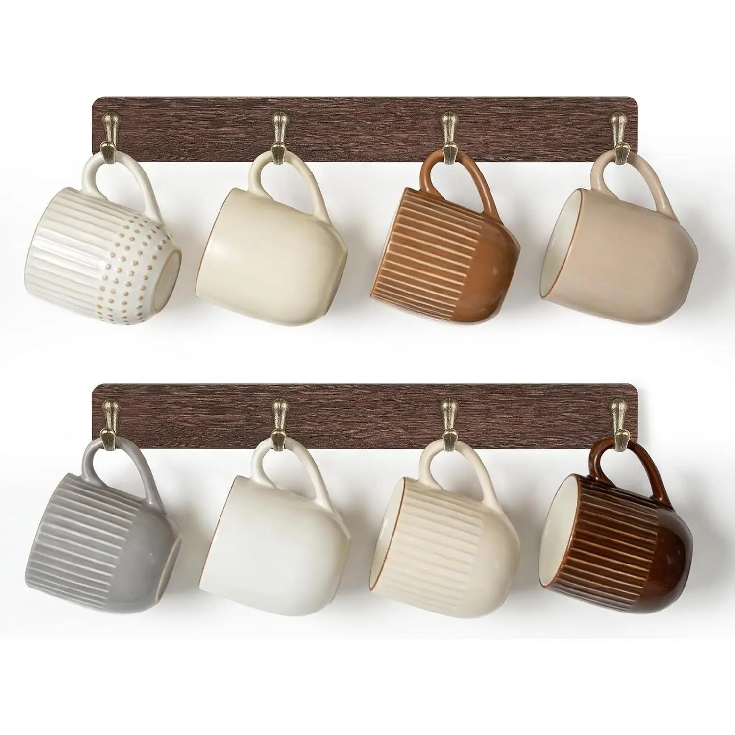 Wall Mug Holder, Wooden Coffee Cup Hanger Rack with 8 Hooks, Brown | 2 Pcs Storage and Display Mug Shelf, Space Saving, Easy Install, Durable Metal Hooks, Kitchen Dining Coffee Bar Organizer