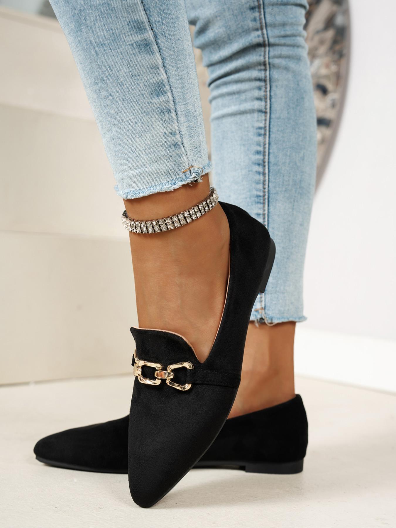 Women's Elegant Pointed-Toe Flat Shoes, Gold Chain Decor, Comfortable Non-Slip Casual Footwear for Home & Outdoor Use, Fashionable Flats