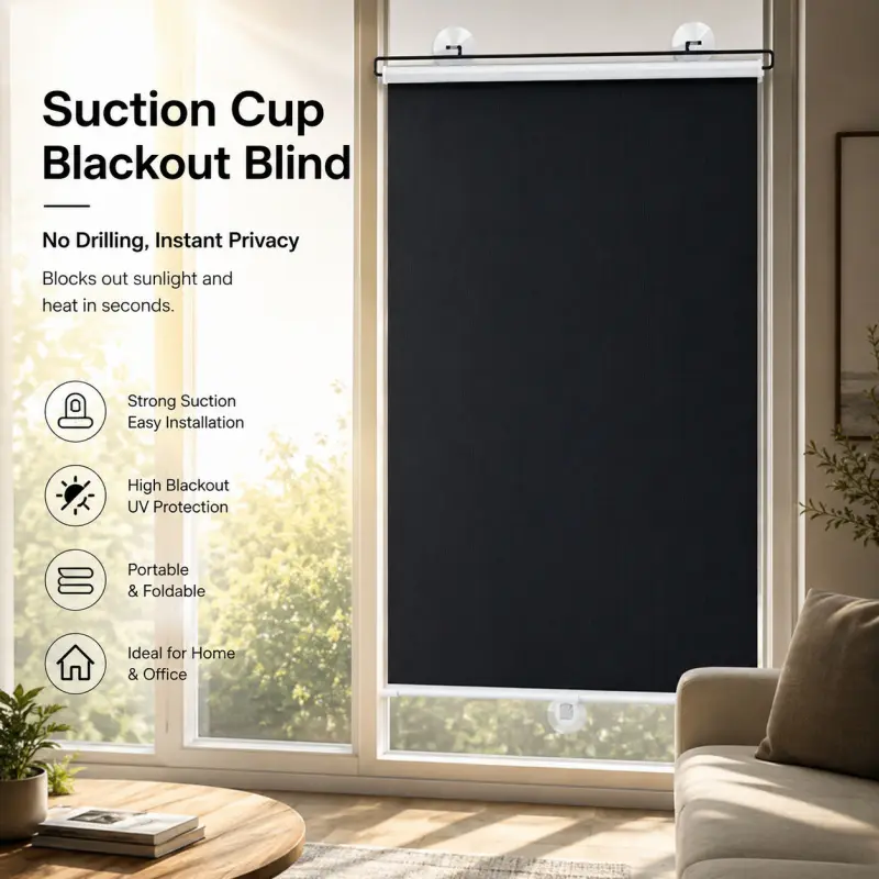 No Drill Strong Suction Cup Blackout Roller Blind Portable UV Protection Light Blocking Retractable Window Shade Easy Install Foldable Instant Privacy Curtain For Home Office Travel Bedroom