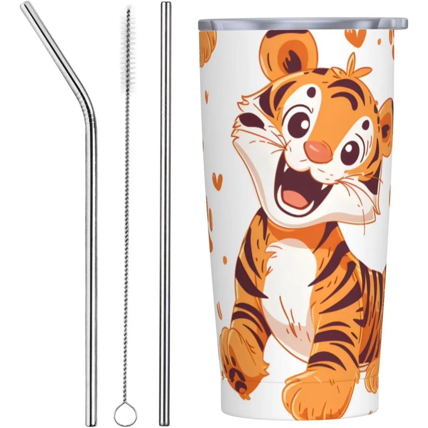 20oz Tumbler Cute Tiger Pattern Double Wall Vacuum Insulated Coffee Mug Stainless Steel Water Bottle Travel Cup with Lid and Metal Straw Brush Gift for Women Men Car