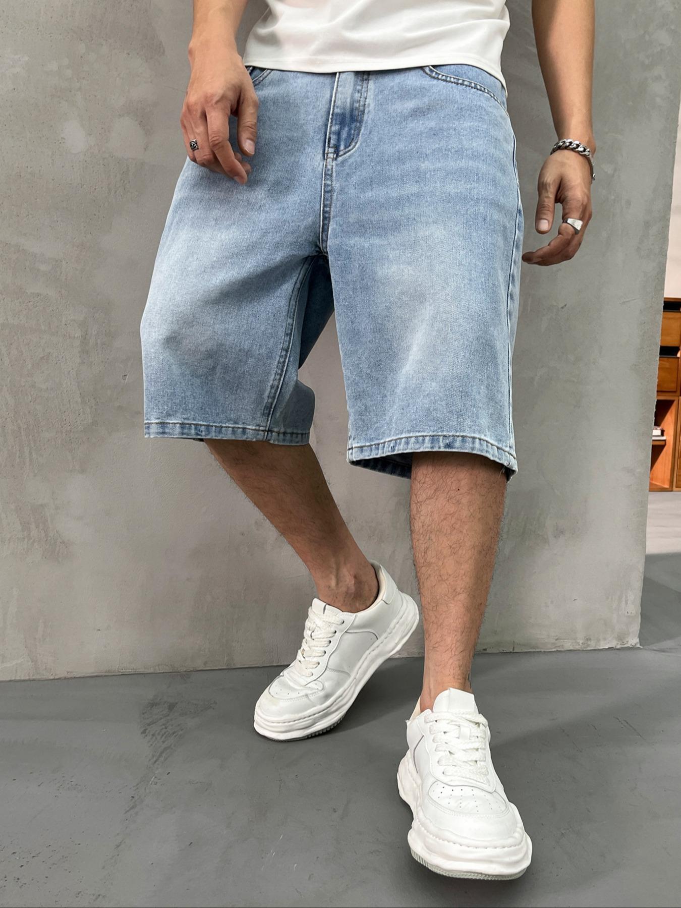 Men's washed retro color denim shorts, trendy, versatile, loose straight-leg casual streetwear denim five-point pants