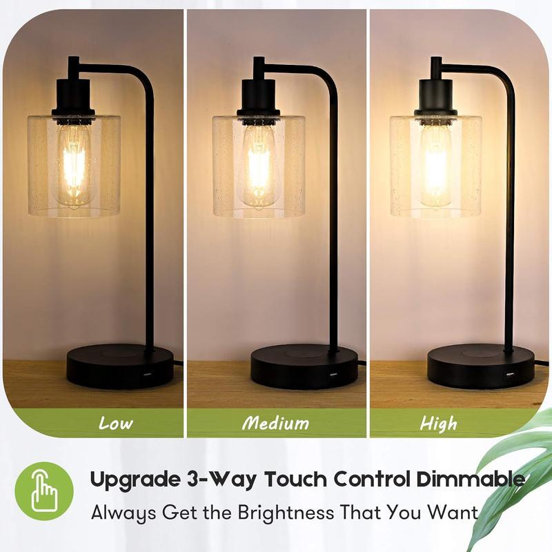 2Pcs Wireless Charging Industrial Table Lamp 3-Way Touch Control Dimmable Desk Lamp with USB Port Bedside Lamp with Hanging Seeded Glass Shade for Office Bedroom Living Room, Bulb Included