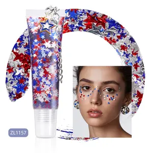 Red, white, and blue face and body glitter gel, Independence Day star-shaped chunky glitter cream, holographic hair, eye, and lip cosmetic glitter