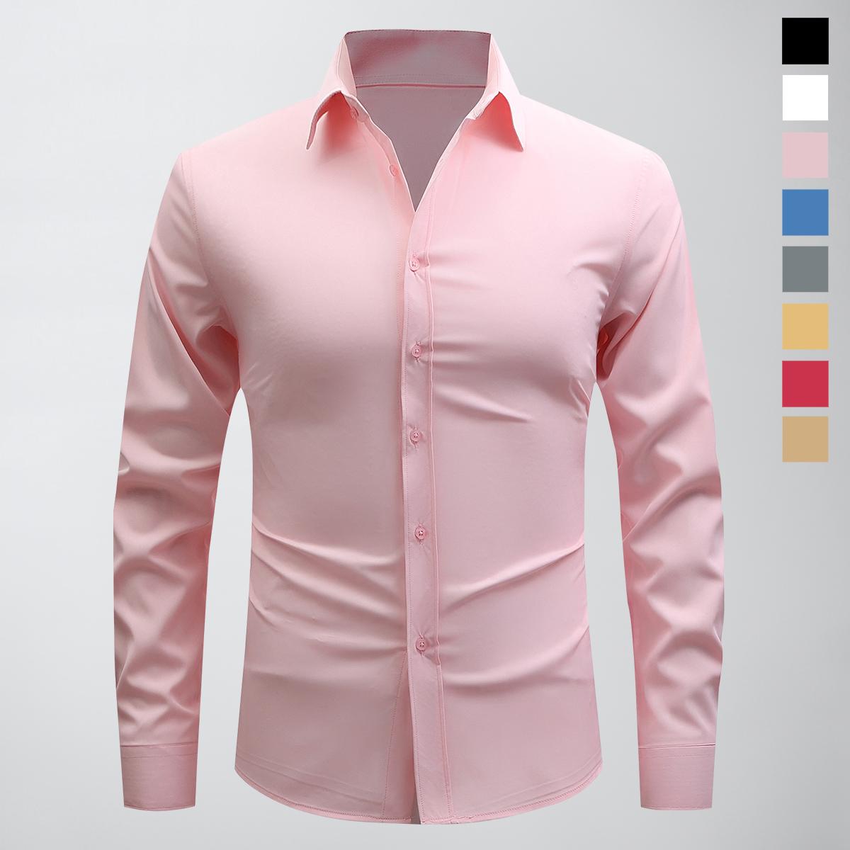 Non-stretch men’s slim-fit long-sleeve shirt; casual button-front dress shirt suitable for semi-formal and business-casual occasions; men’s formal inner layer; solid-color pointed-collar button-front long-sleeve shirt; menswear