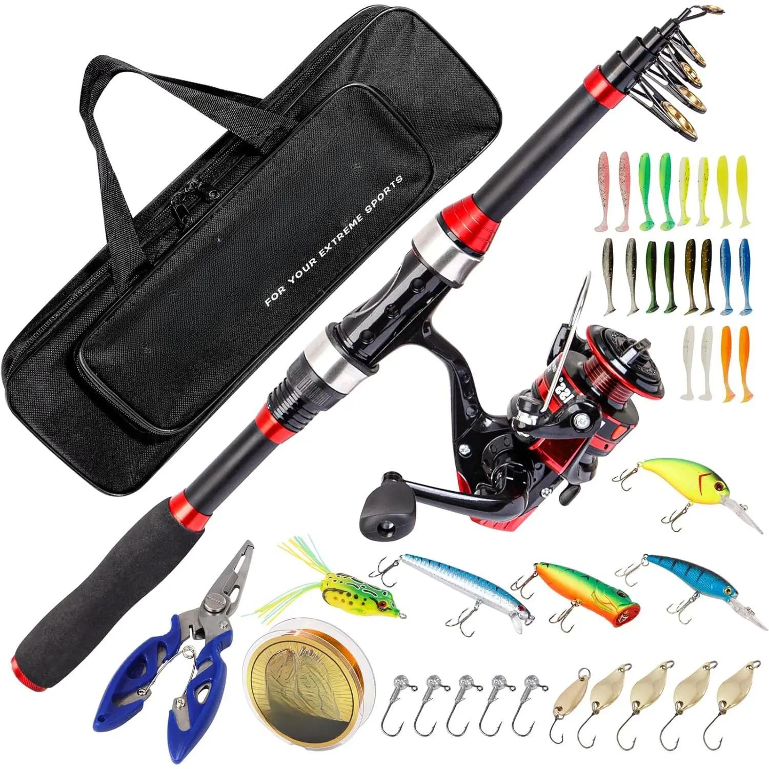 I00000 Fishing Rod and Reel Combos with Fiberglass Telescopic Fishing Pole - Spinning Reel Fishing Carrier Bag, Freshwater and Saltwater Fishing Rod Kit,Travel Fishing Kit  Bass Trout