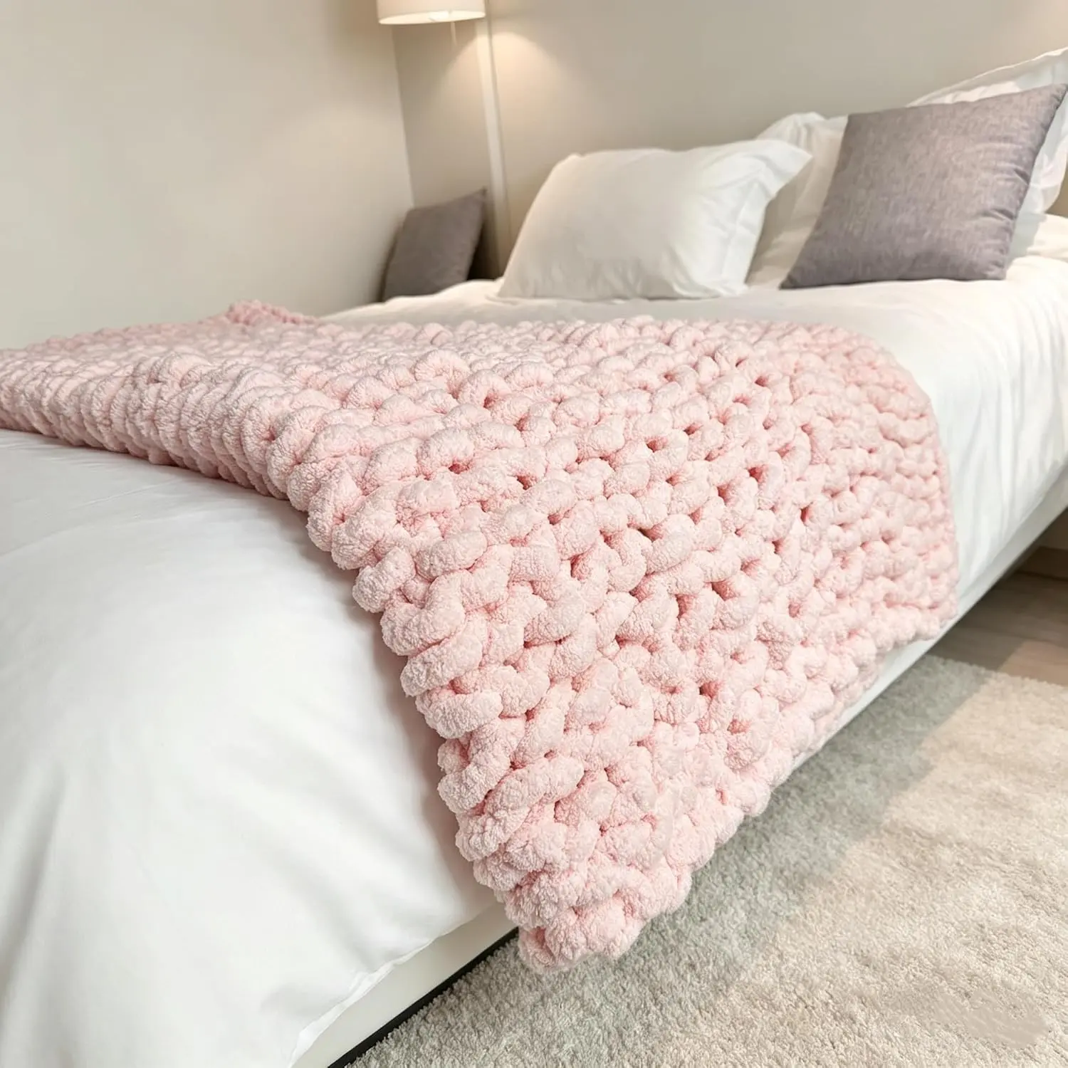 Soft Chunky Knit Throw Blanket for Couch, Cozy Warm Knitted Blankets | Hand Knit with Jumbo Chenille, Lightweight Warm Fluffy Decor for Women, Mom, Her & Girls, Sofa, Chair, Bed, 48"×71" (Pink)
