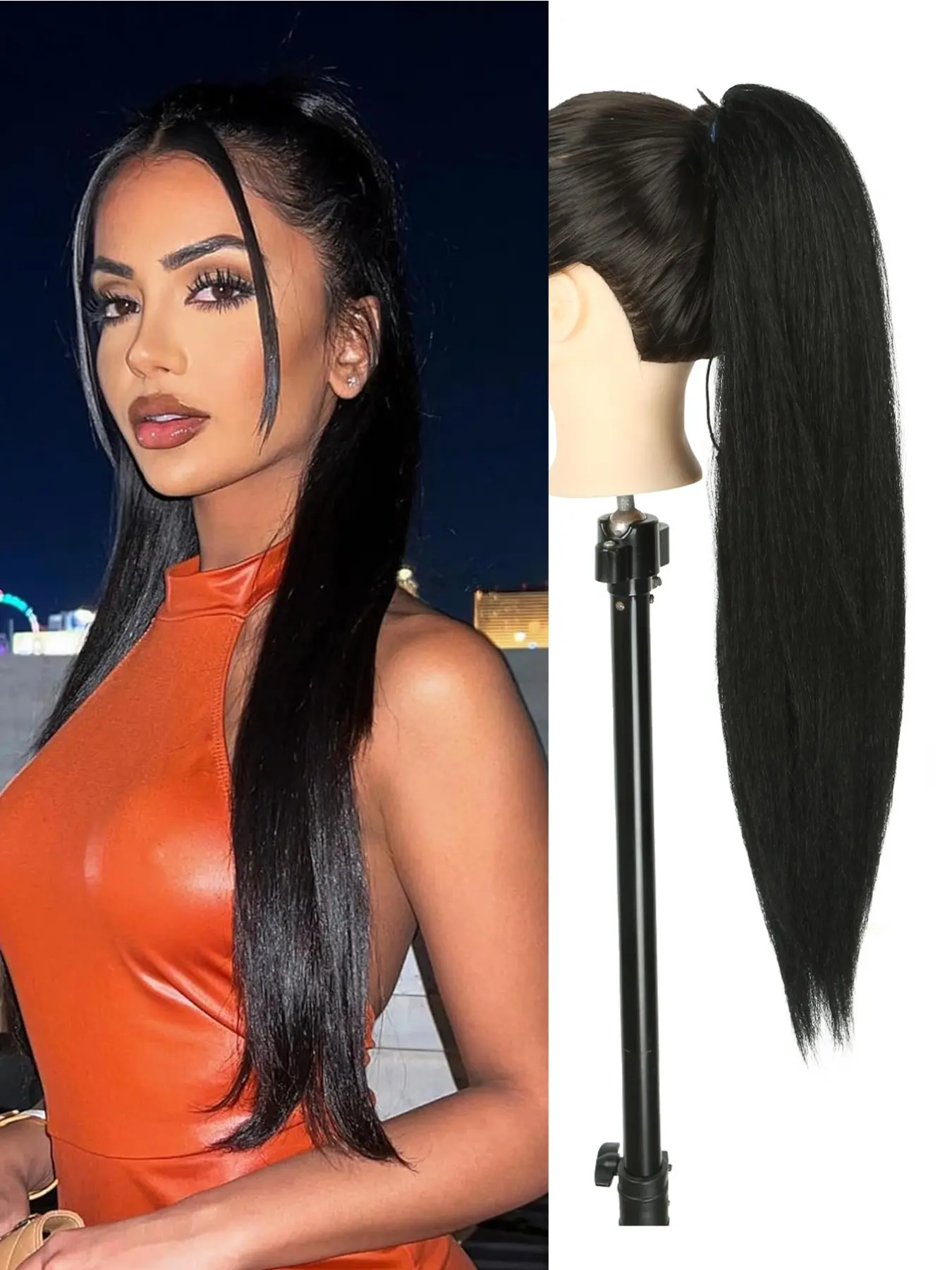 24Inch/32inch Long Straight Drawstring Ponytail Extension Straight Drawstring Ponytail Extension - Black Natural Looking Fluffy Soft Synthetic Hair Extensions Cheer Posh Pony Tails Hairpieces Daily Party for Women Girls Daily