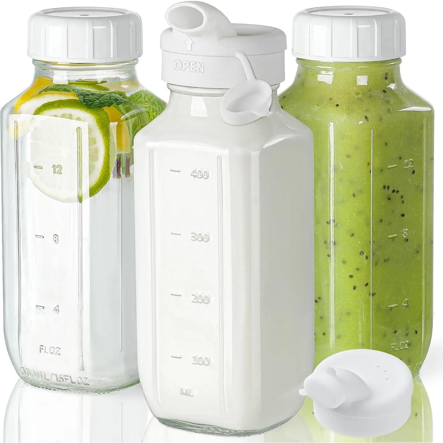 3 Pack 16 Oz Glass Juice Bottles with  & 2 Pour Spouts | Clear  Glass with Measurement Marks for Glass Water Bottles,Juicing Containers,Breast Milk Storage and Daily Use
