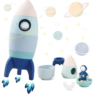 Silicone Rocket Stacking Toy - Space Rocket Toy - Baby Teething Toys -Early Learning Stacking Tower Educational Learning Stacking Toys Nesting Toy  Early Educational  Infants (Blue) New model