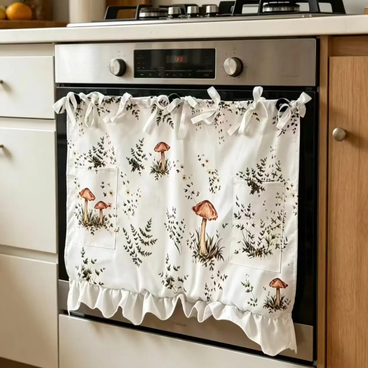 Handmade Farmhouse Style Oven Curtain with Pockets, Multi-Functional Stove Cover, Dishwasher Curtains, Kitchen Decor, Plant Print