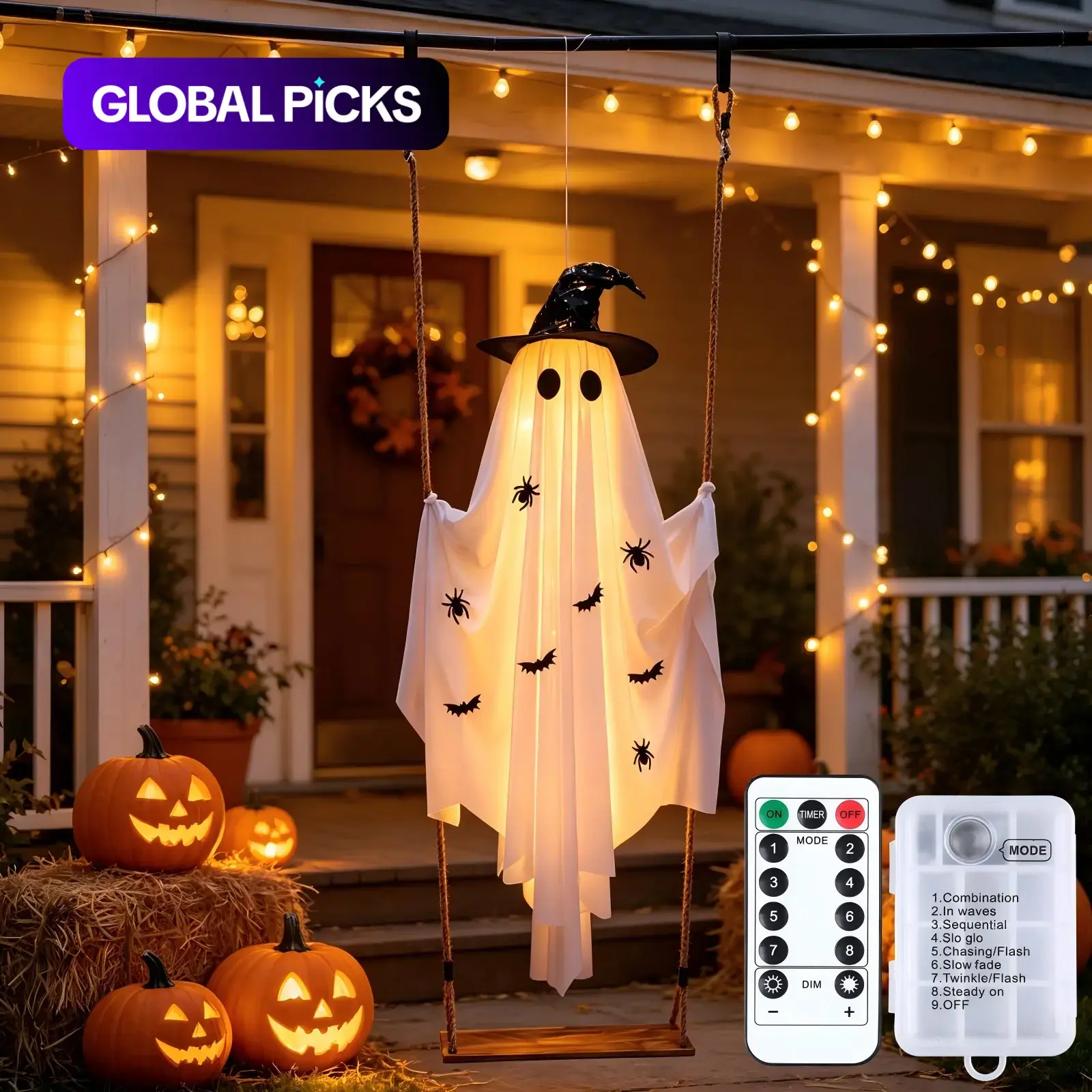 Halloween Glowing Swing Witch Hat Ghost Hanging Decor, Spider Bat Print, Durable Fabric, Battery Powered Ornament, Party Lighting Decoration, Garden Party Haunted House Decoration, Outdoor Decoration Light #GLOBAL PICKS