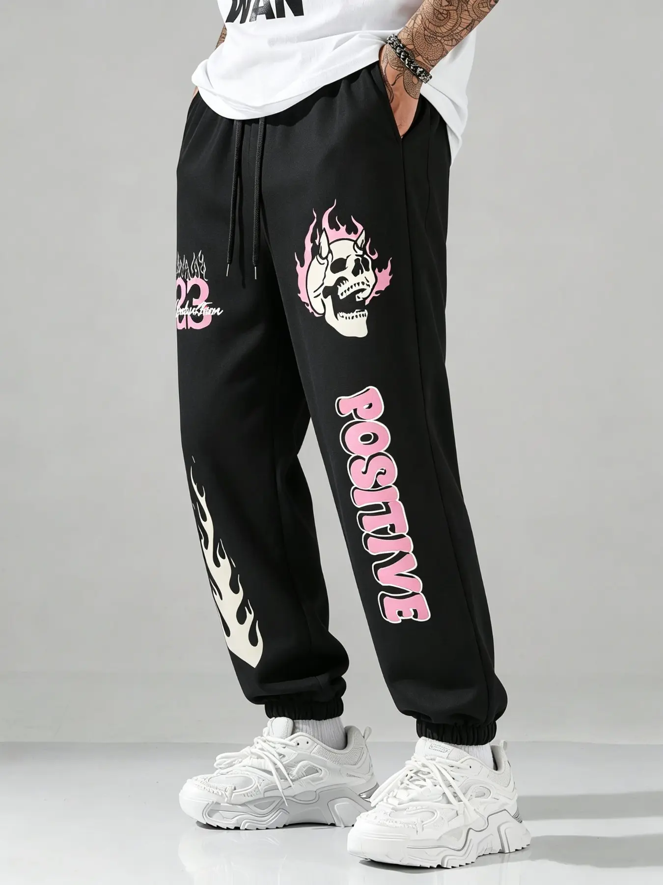 Y2K Skull Flame Pattern Jogger Pants, Men's Teen Boy Streetwear, Elastic Drawstring, Loose Fit Hip Hop Gothic, Punk Aesthetic