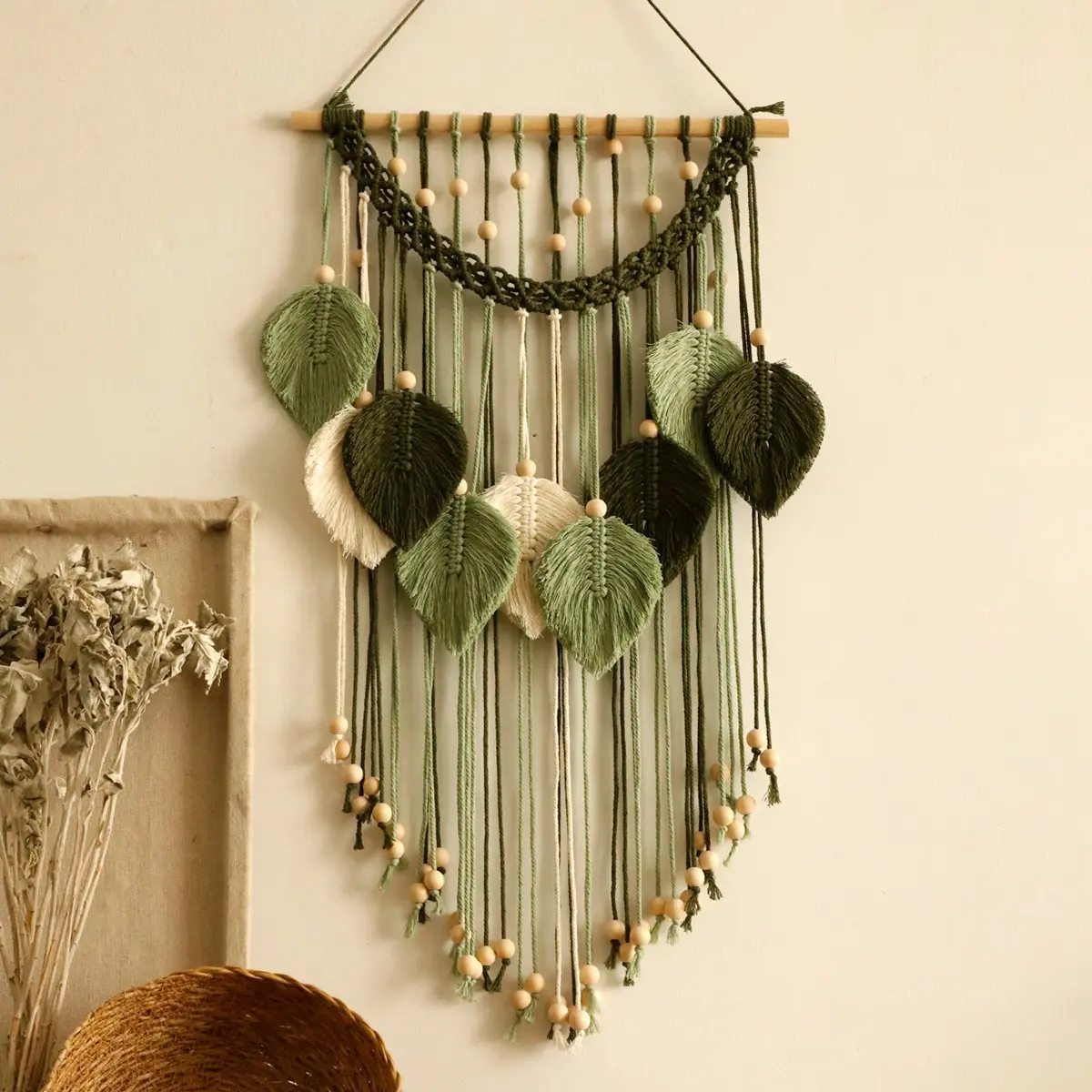 Boho Macrame Wall Hanging, and Cream Leaf Tapestry, Textured Beaded Tassel, Bohemian Botanical Decor, Farmhouse Aesthetic, Housewarming Gift, Artistic Home Decor