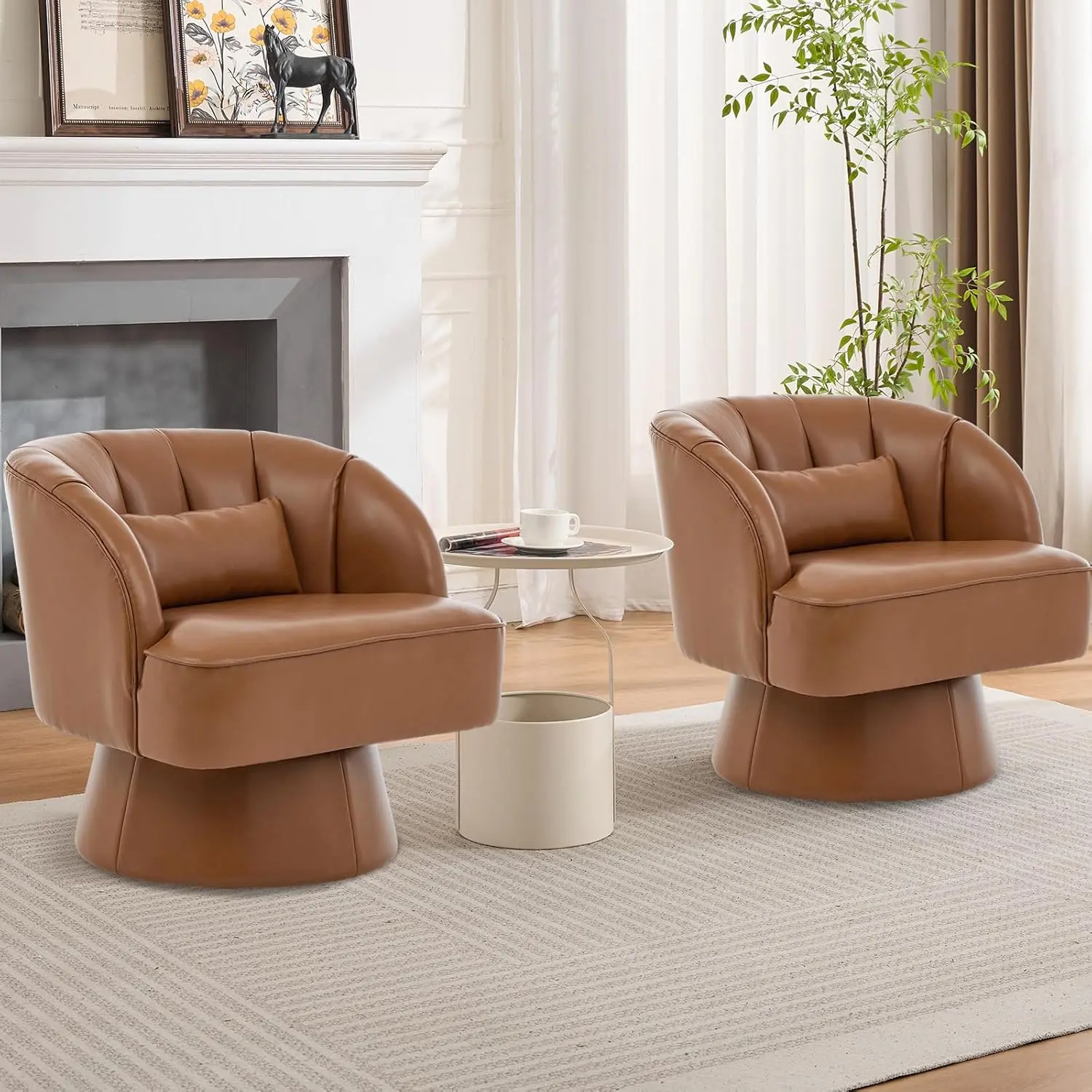 Garvee Modern Swivel Barrel Accent Chair – 360° Rotating Round Armchair, Striped Backrest & Soft Cushion – Comfortable Single Sofa for Living Room, Bedroom, or Lounge