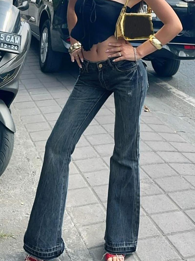 Women's Embroidered Button Pocket Flare Pants, Elegant Daily Wear, Fashionable All-Season Bottoms, Slim-Fitting Y2K Style