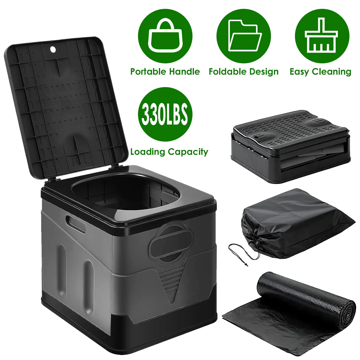 Portable Foldable Camping Toilet with Lid, Emergency Travel Potty with Carrying Bag & Waste Bags for Car, Camping, Hiking, Boating, RV & Outdoor Travel,Sports & Outdoors