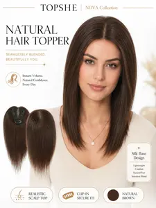 100% Human Hair Topper with Bangs for Women 10" Straight Brown Hairpiece 3.5x4" Silk Base Clip in Toupee for Thinning Hair Loss Cover Gray Hair Add Volume Breathable Natural Realistic Top Closure Extensions with Glue Kit, Natural Looking Hair