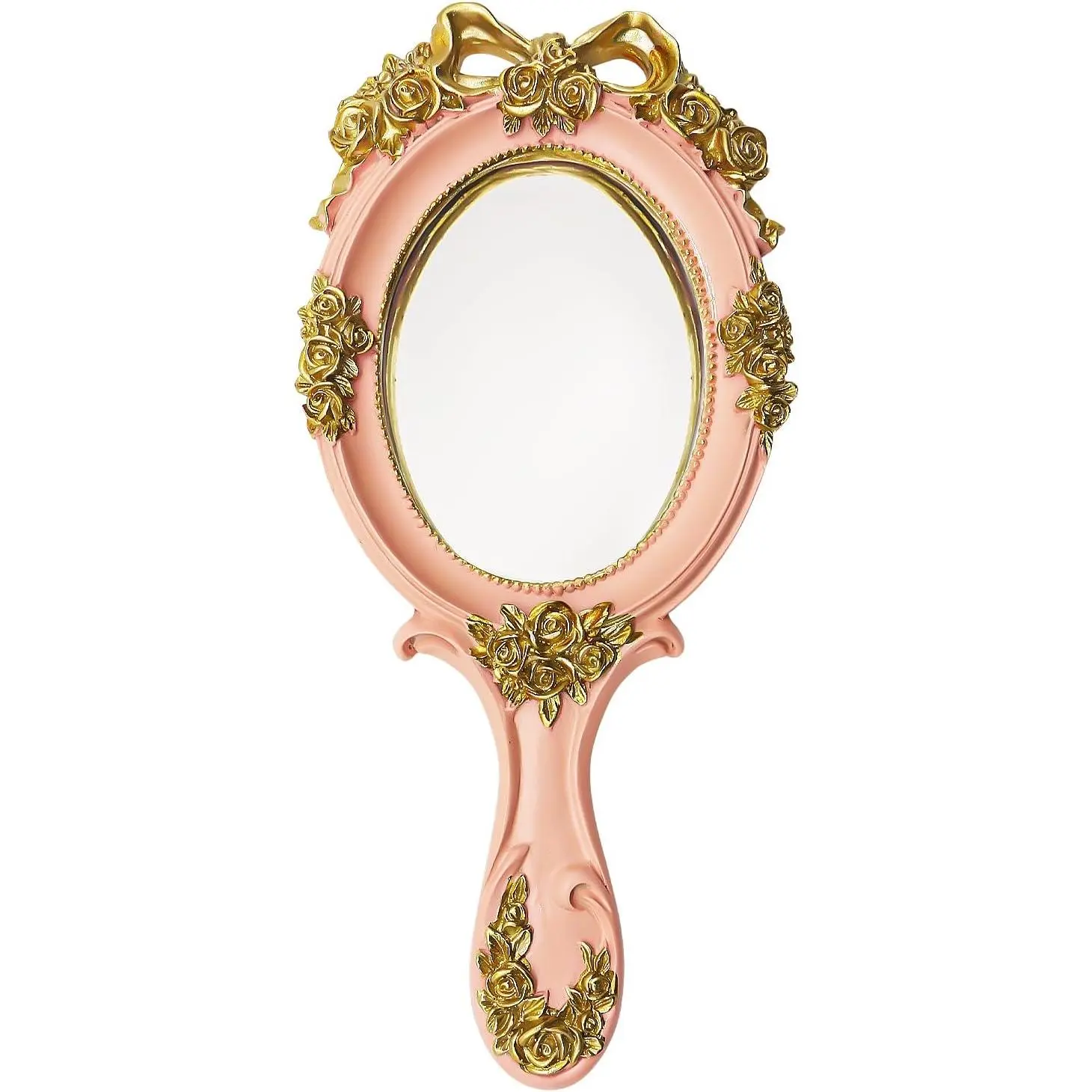 Vintage Handheld Mirror with Handle, Pink Resin Rose Gold Embossed Makeup Mirror for Women, Portable Travel & Salon Mirror for Vanity, Grooming, Lash Artists ﻿ ﻿