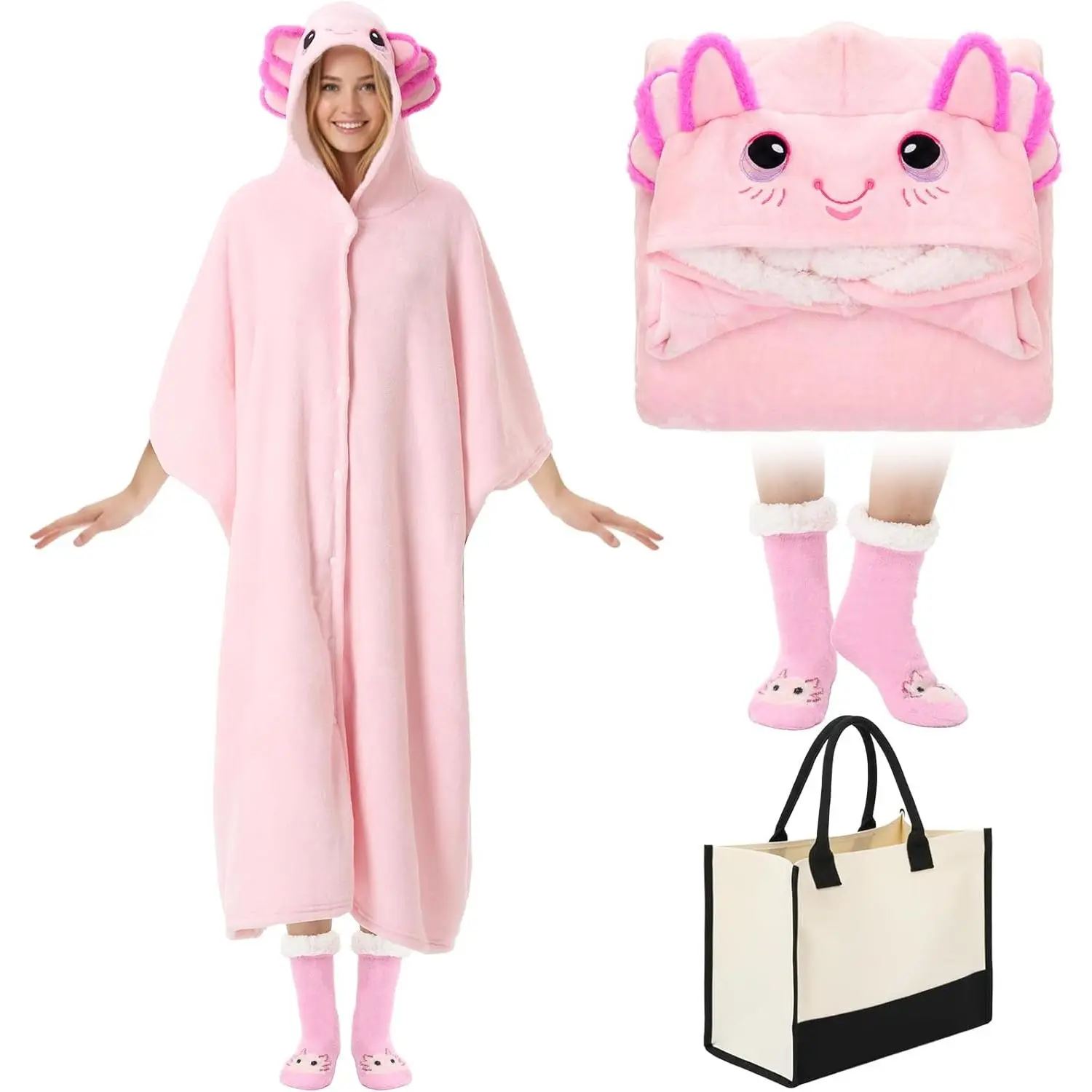 Adult Wearable Hoodie Blanket - Flannel Hooded Throw Cloak Wrap with Non-Slip Fuzzy Slipper Socks & Gift Bag Set, Soft Fabric Christmas Valentine Thanksgiving Gifts
