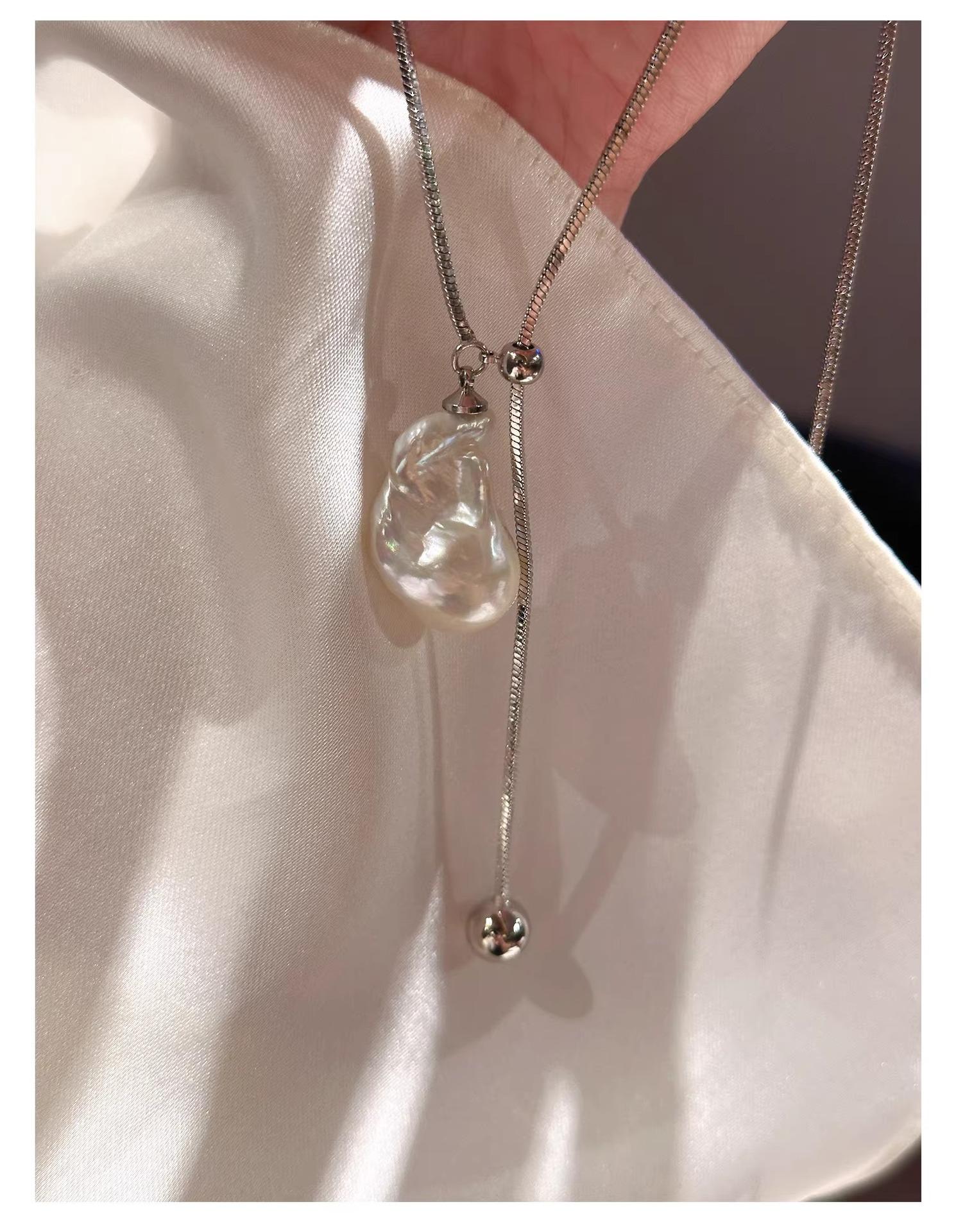 Women's Silver Gourd Bead Adjustable Necklace, Exquisite Baroque Bead Tassel Necklace