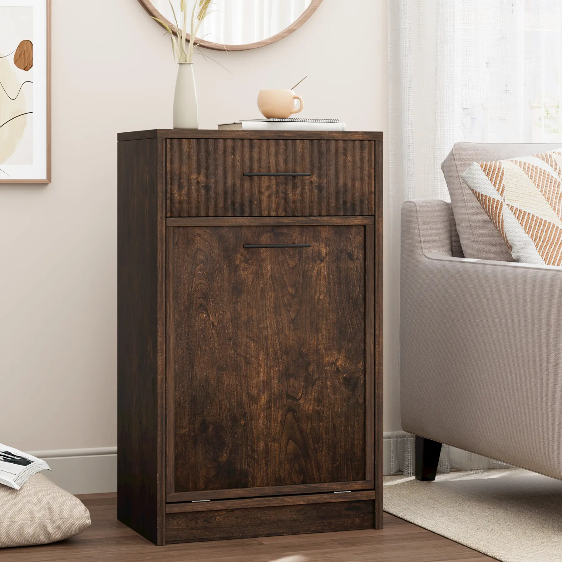 🚮 Walnut Tilt-Out Trash Cabinet – 10-Gallon Hidden Garbage Bin with Drawer, Dog-Proof, Fluted Design for Kitchen & Living Room! ✨