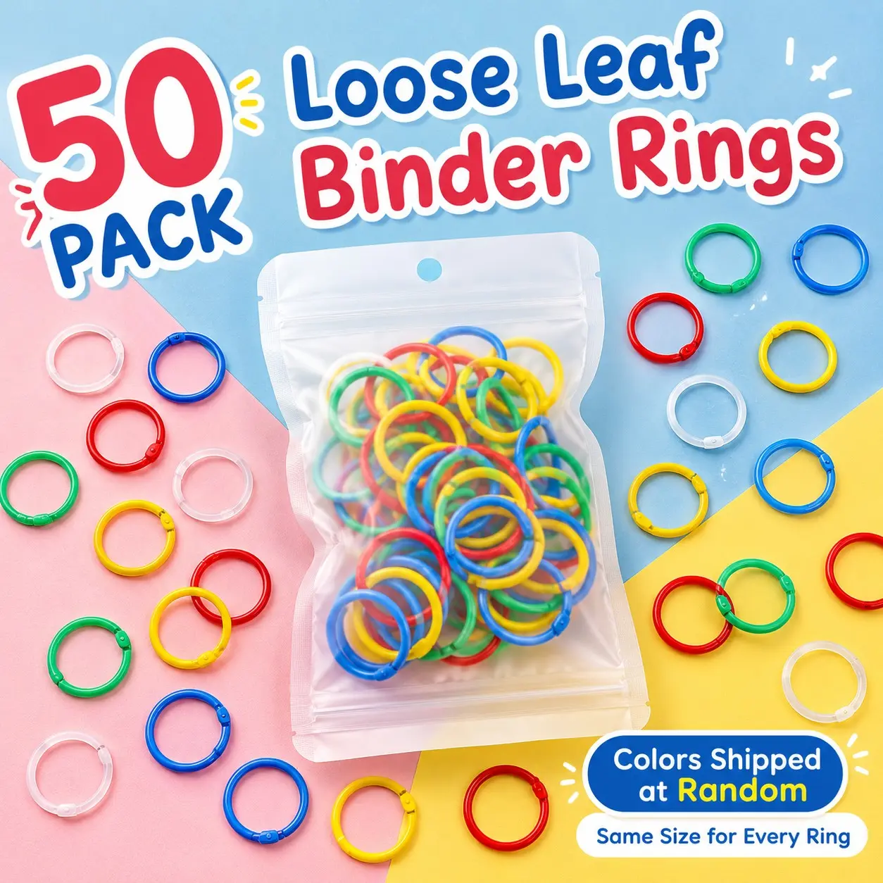 50 Pcs Plastic Loose Leaf Binder Rings, Random Color Notebook Binding Rings, Reusable Disc Rings for Planners, Cards and Documents