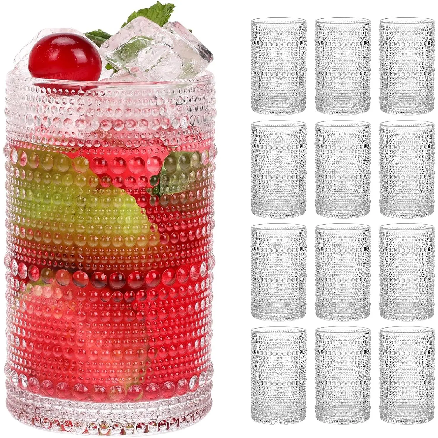 Large Hobnail Drinking Glass Set of 12,15oz Clear Vintage Glassware,Embossed Glass Cups,Water Tumbler,Highball Glasses For Beer, Juice And Various Mixed Drinks