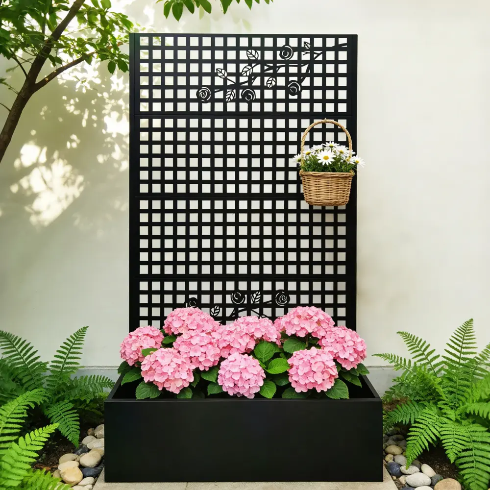 Littleox Large Size Rectangular Metal Planter Box with Trellis Panel - 70.9in H x 43.3in W x 15.8in D Outdoor Raised Garden Bed with Privacy Screen Lattice Panels for Patio, Backyard Decoration, Rose Black