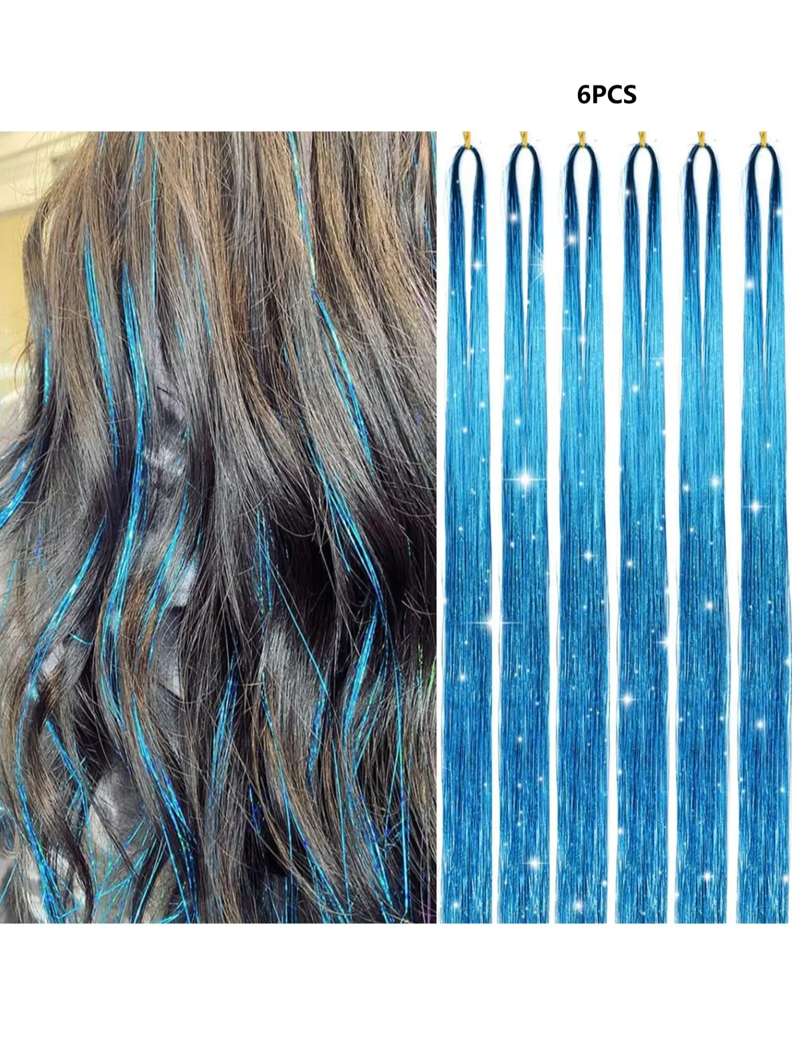 6 pcs Lake Blue Color Hair Tinsel,Hair Tinsel Kit for Women And Girls Fairy Tinsel Hair Extensions Synthetic Hair Piece Synthetic Extensions Holographic Hair Tinsel Heat Resistant Colored Hair Glitter Christmas Party Festival