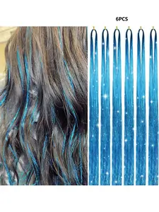 6 pcs Lake Blue Color Hair Tinsel,Hair Tinsel Kit for Women And Girls Fairy Tinsel Hair Extensions Holographic Hair Tinsel Heat Resistant Colored Hair Glitter Christmas Party Festival