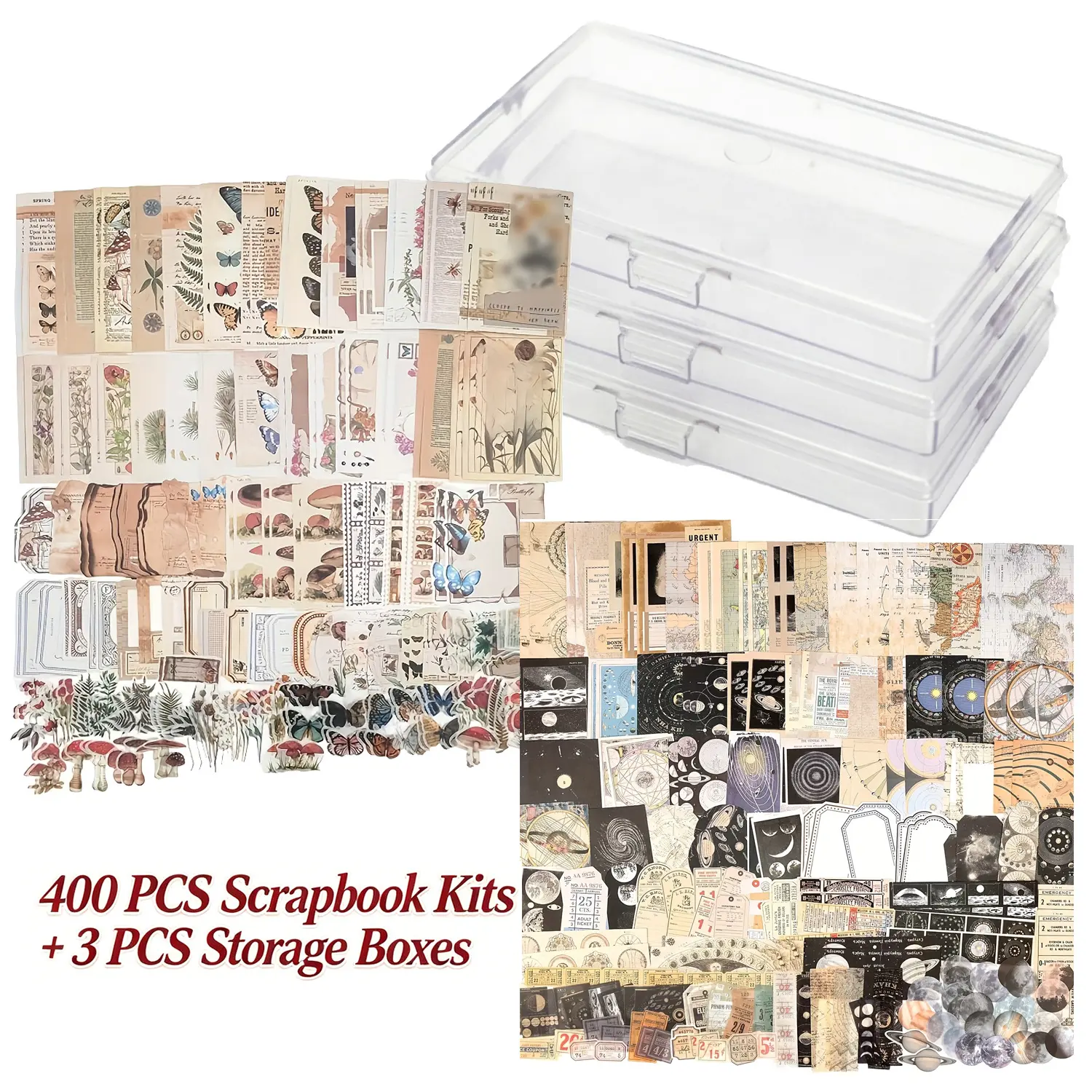 400Pcs Vintage Neutral Scrapbook Ephemera Stickers Kit with 3 Clear Plastic Storage Boxes, Mushroom Butterfly Celestial, Junk Journal Supplies for Planner Album Card Making DIY Scrapbooking Crafts