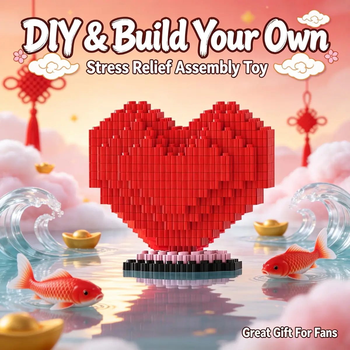 Koi Heart 3D Puzzle Building Blocks, Home Office Decor, Party Decoration, Ideal Gift, Handmade Craft, Lightweight Statue, Collectible Display