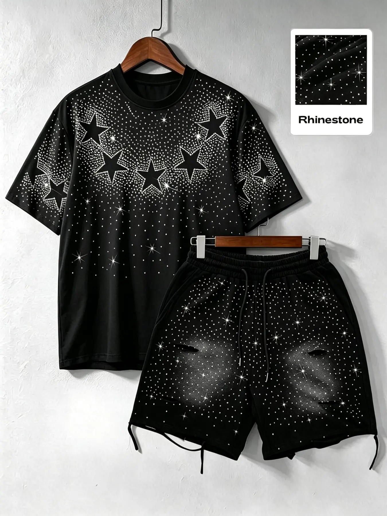 Men's two-piece set: Sparkling rhinestone short-sleeved shirt and shorts set, high-street loose casual two-piece set, street hip-hop set.