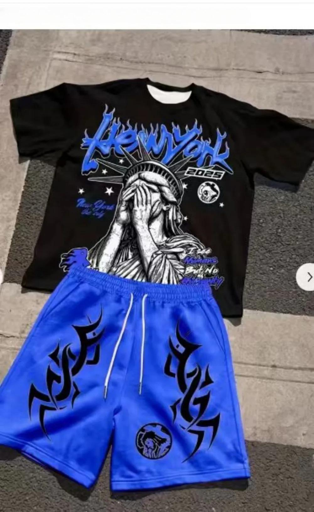 Hot Selling New Men's Statue of Liberty Printed Round Neck Breathable T-shirt and Shorts Outdoor Comfortable Two-piece Set