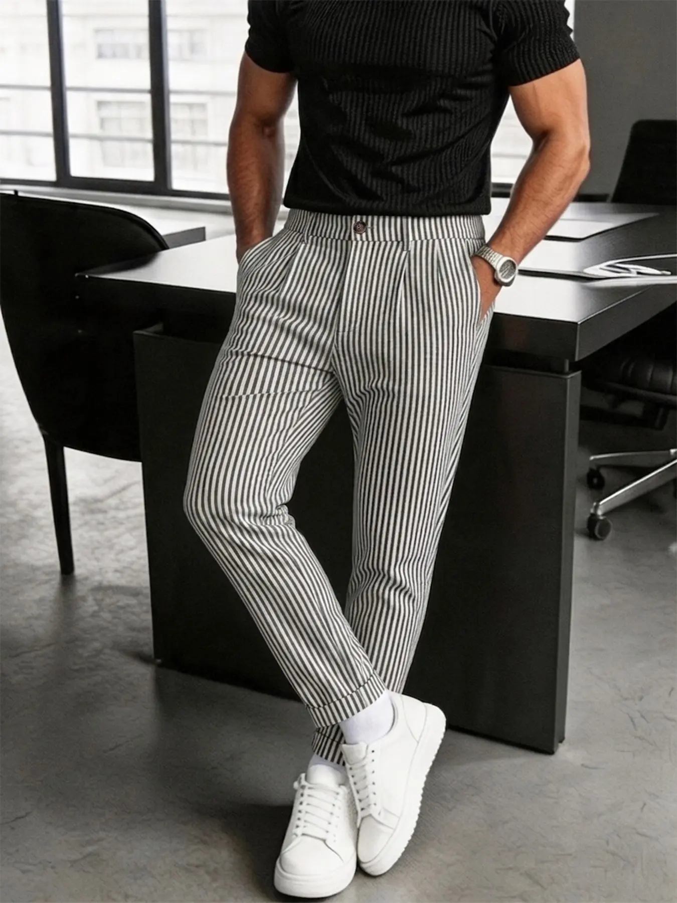 Men's Autumn New Italian Striped Nine-Inch Pants, Casual Fitted Trouser, Rollable Hem, Wrinkle-Resistant Fabric, Business Casual Style