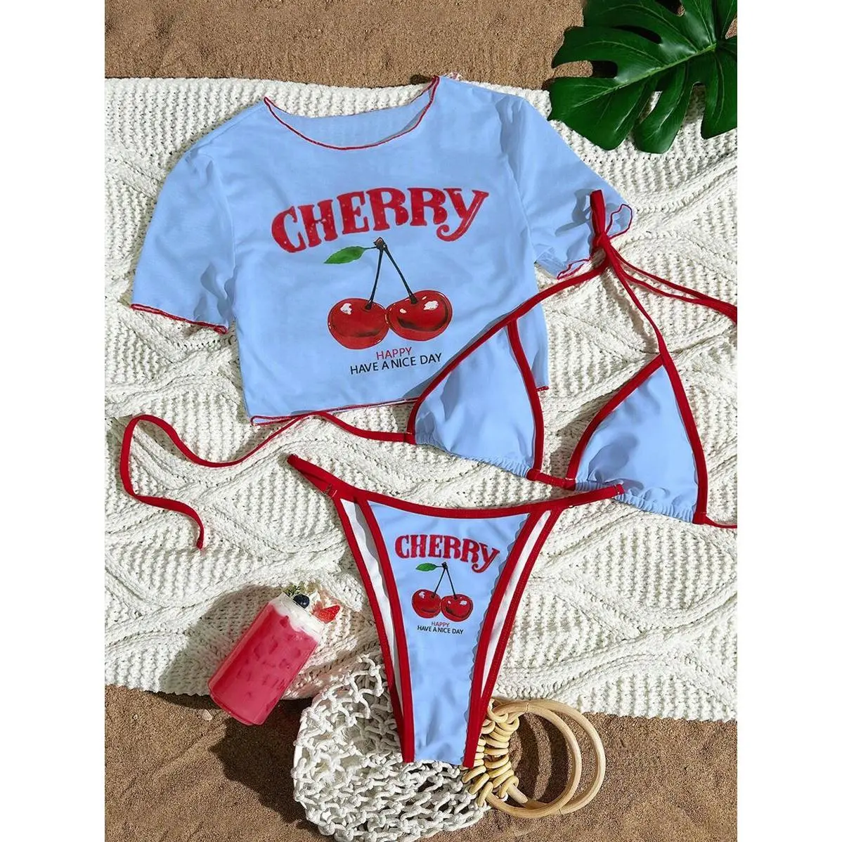 Women's 3-Piece Leopard Metallic Cherry Letter Print Bikini Set - Underwire, Adjustable Tie, Crisscross Shoulder Straps, Thong, Sheer Net Short Sleeve Cover Up Top, Split Design, Polyester Blend, Machine Wash Beachwear, Beach Cover Ups, Stretch Fit, Three