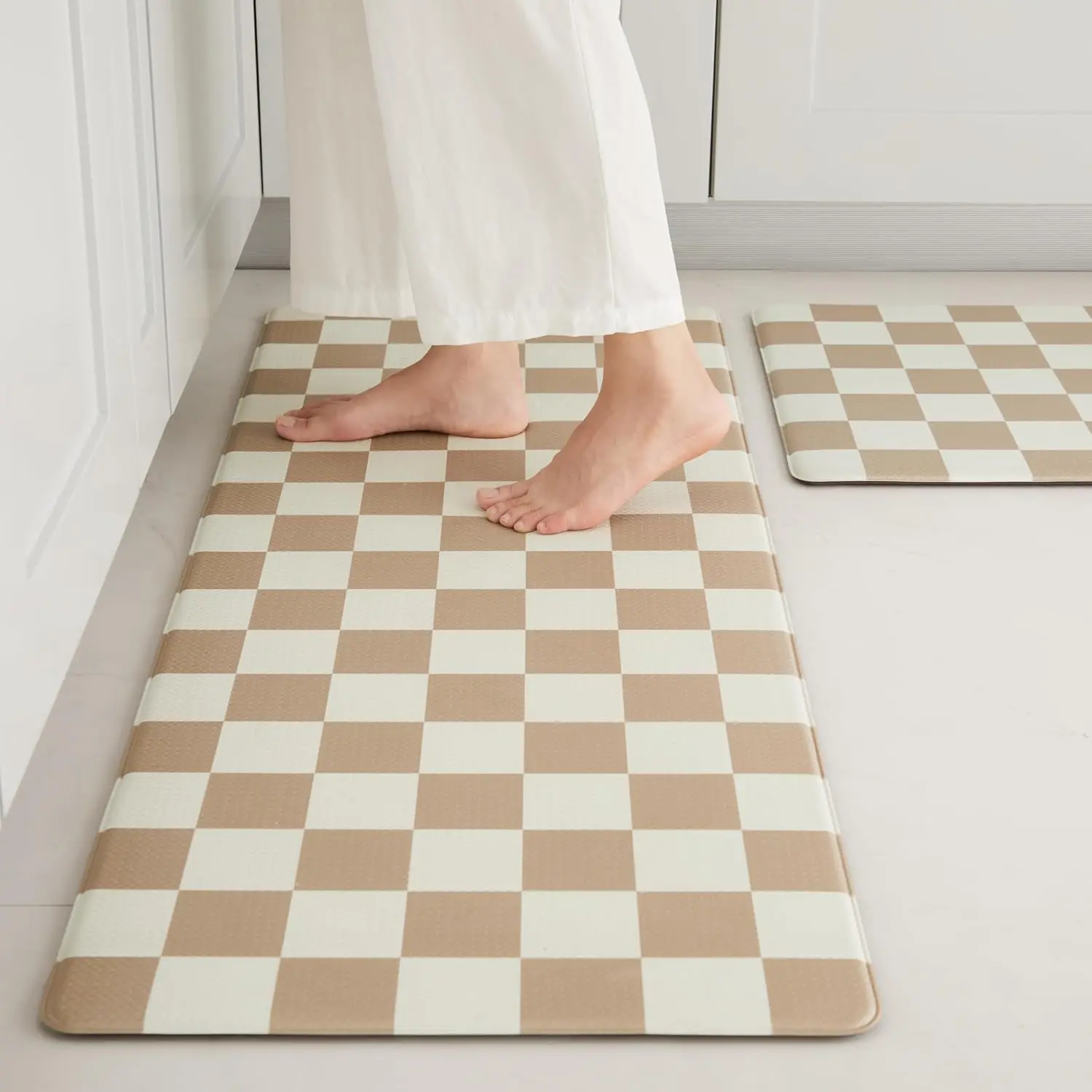 Checkered Kitchen Mats for Floor Set of 2, 2 count Beige Khaki Cushioned Non Slip Runner Rugs for Kitchen/Sink/Laundry, Comfort Aesthetic Cute Anti-  Floor Mat 17.3"x29.5"+17.3"x47.2"