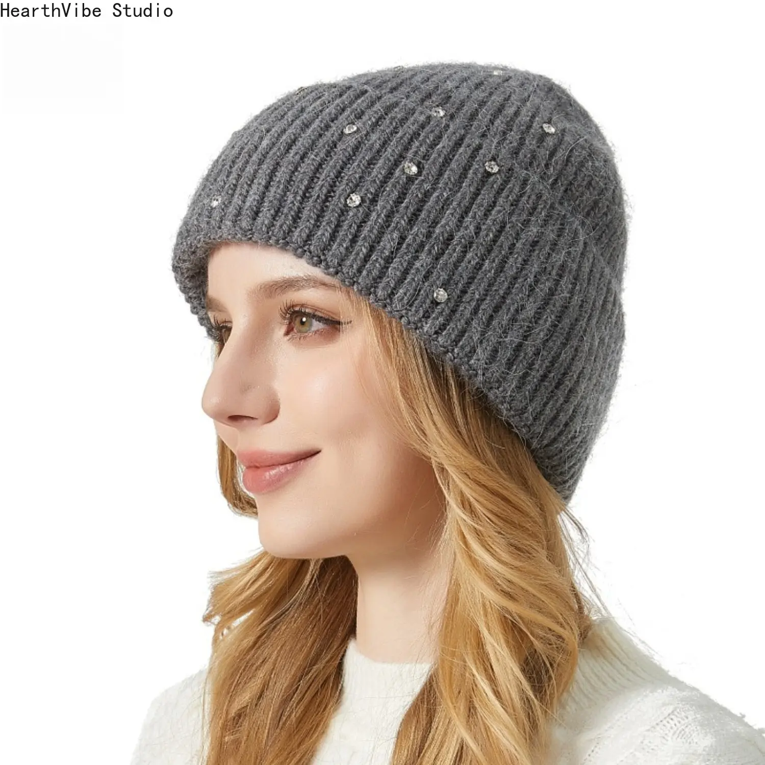 Rhinestone Winter Beanie Hat for Women Sparkling Diamond Ribbed Knit Skull Cap Soft Warm Slouchy Cuffed Melange Grey Headwear for Cold Weather
