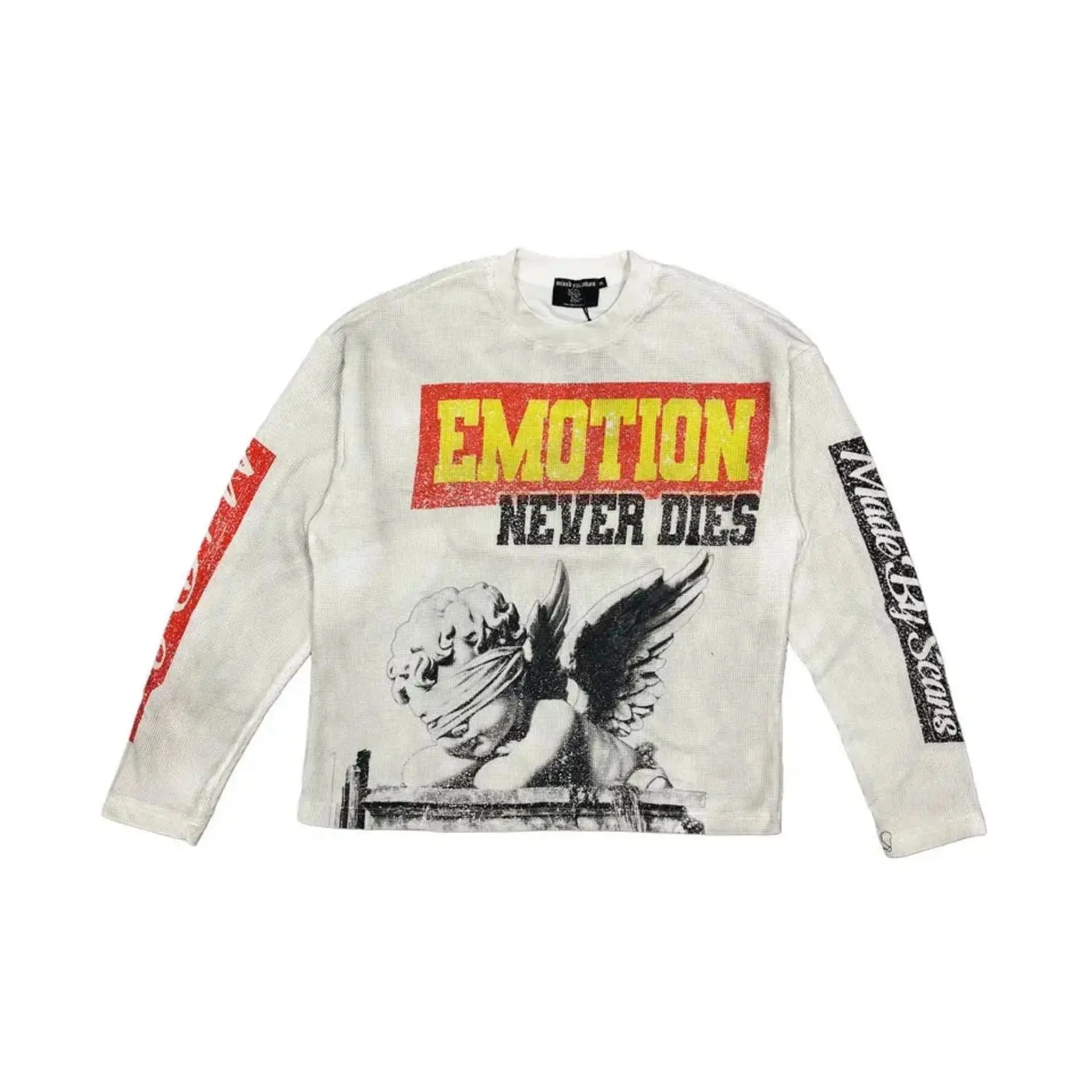 MIXED EMOTION Angel Graphic Long Sleeve Thermal T-Shirt 100% Cotton Loose Oversized Y2K Vintage Wash Waffle Knit Drop Shoulder Crew Neck Casual Streetwear Top Men Women Unisex