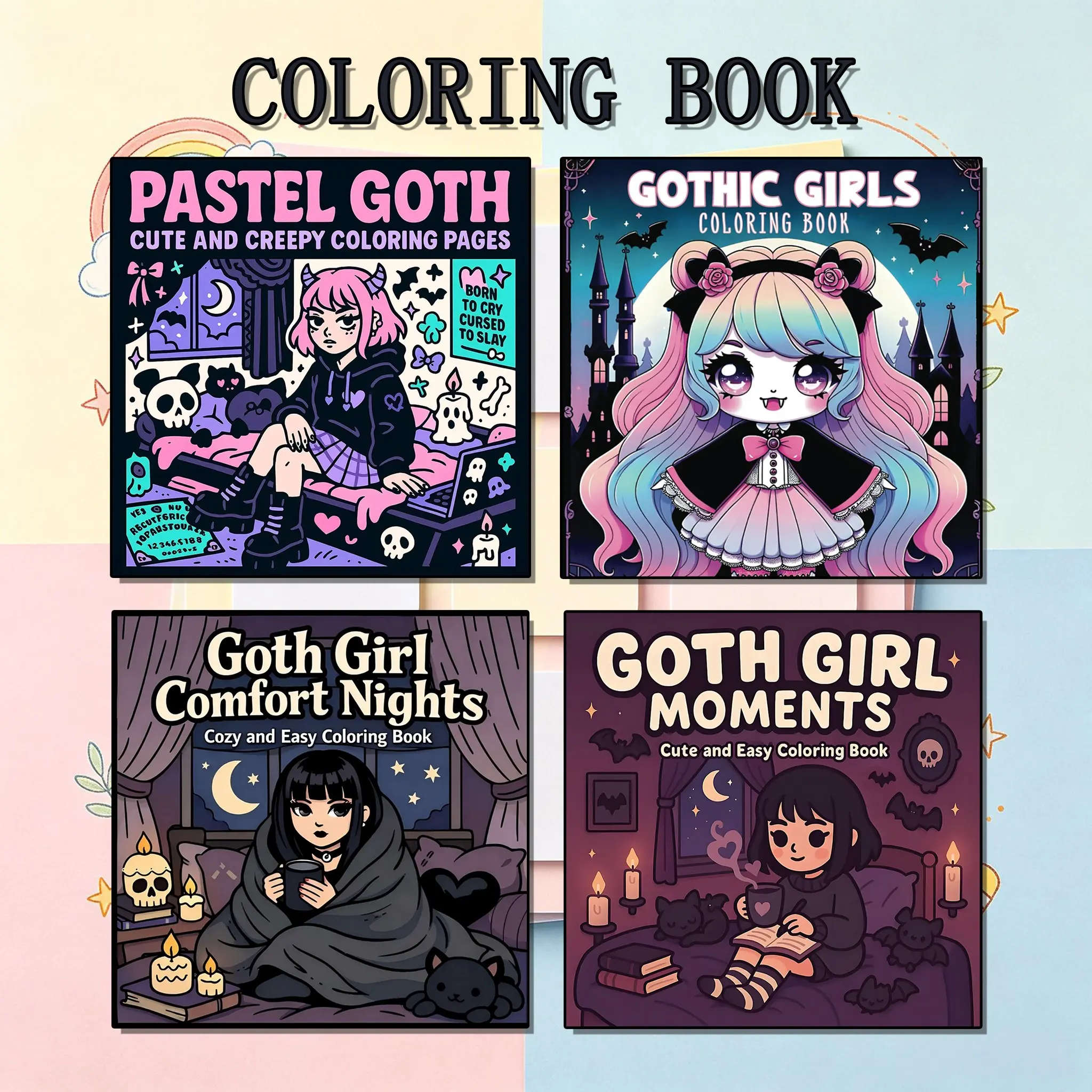 2/4-Pieces Adorable Gothic Girl Coloring Book Set,Simple coloring pages that are easy to color,Cute yet eerie gothic girls, an adult coloring gift book specially designed to relieve stress, Creative DIY coloring pages