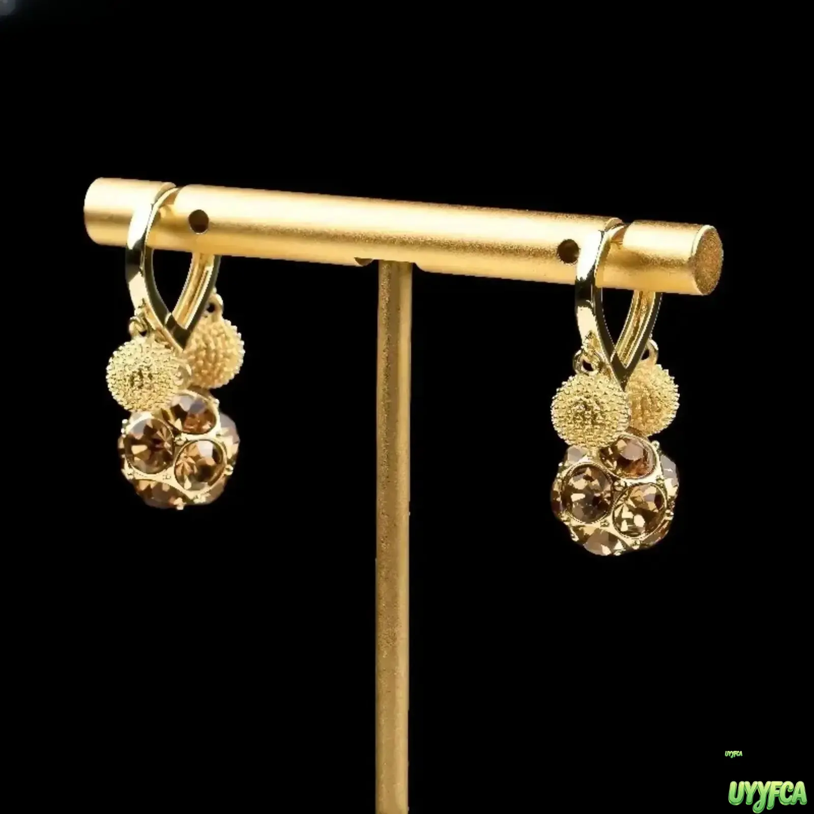 14K Gold Plated Durian Shaped Hoop Earrings With Cluster Champagne Crystal Durian Charm, Textured Metal Bead Dangle Ear Jewelry,cute and stylish Vintage Aesthetic Earrings For Women Daily Date Party Wear Thoughtful Birthday Holiday Gift,Summervibes