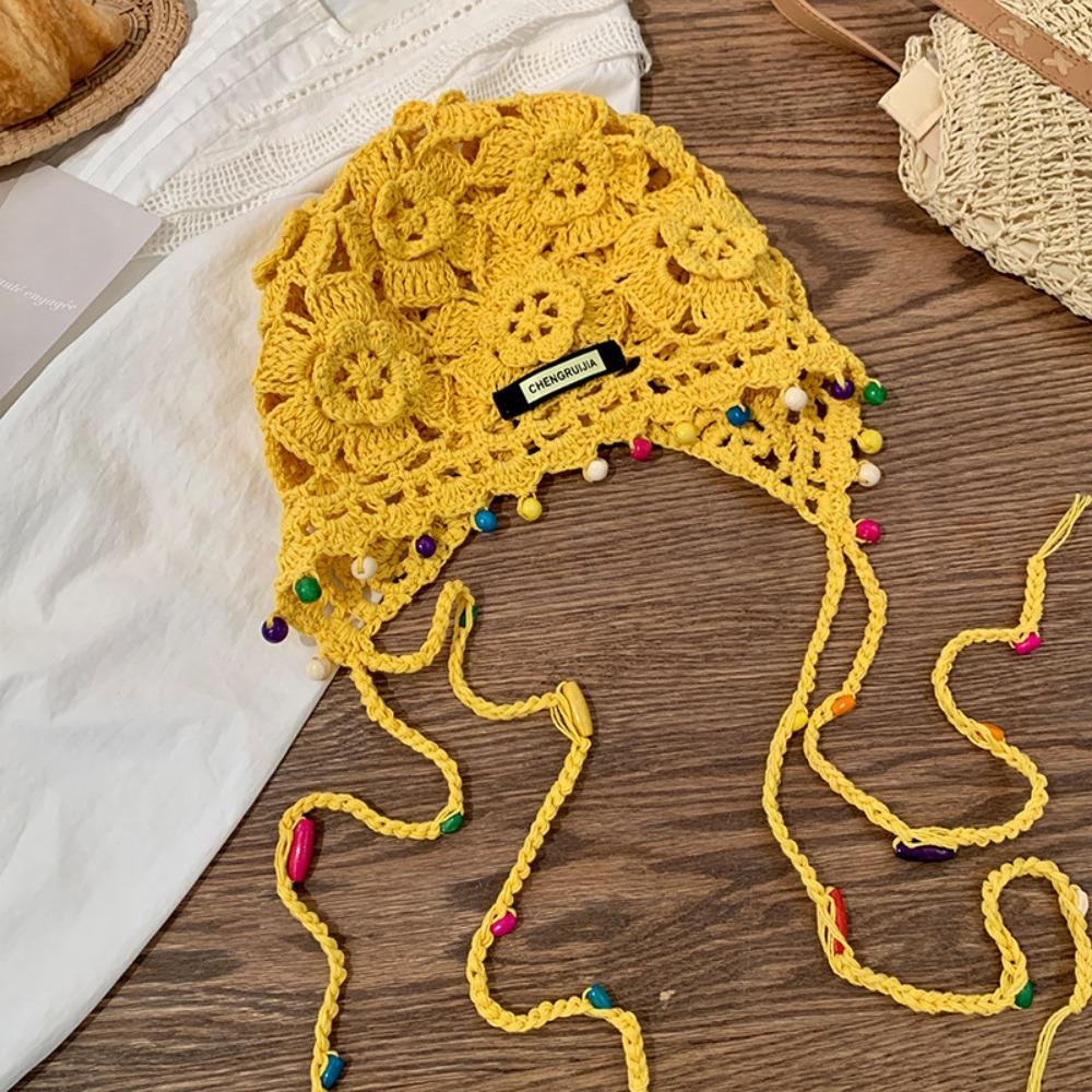 Women's Hollow Knit Beanie Hat with Colorful Beads, Flowers & Tassels, Bohemian Ethnic Handmade Crochet Cap