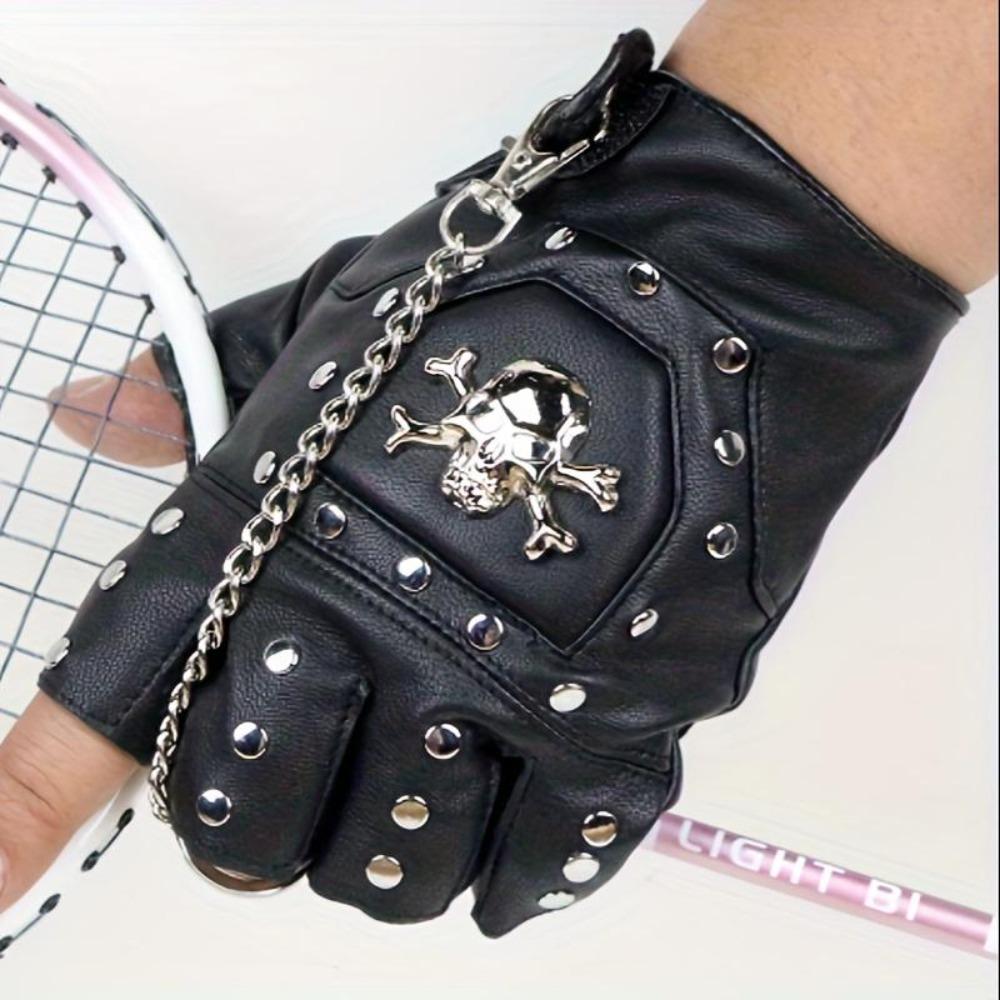 Men's Skull Half Finger Leather Gloves, Punk Rivet Chain Design, Anti-Slip Outdoor Sports & Motorcycle Riding Gloves, Novelty Pirate Style Performance Gloves